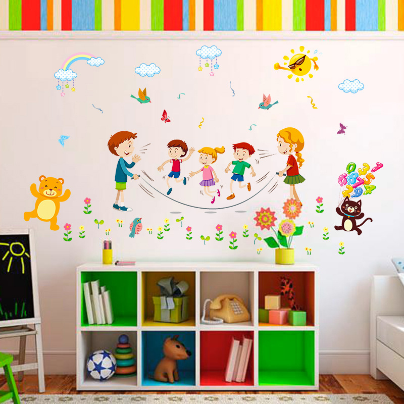 New Xl7195 Children&#039;s Cartoon Happy Skipping Rope Bedroom Living Room Kindergarten Classroom Removable PVC Wall Stickers