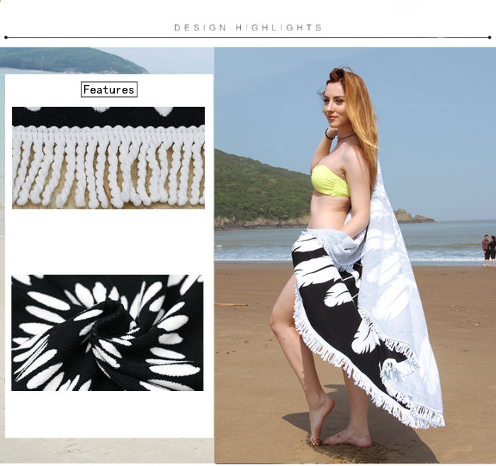 Summer Round Beach Towel Feather Printing Black Microfiber Blanket Women Shawl with Tassel Summer Round Beach Towel Feather Printing Black Microfiber Blanket Women Shawl with Tassel