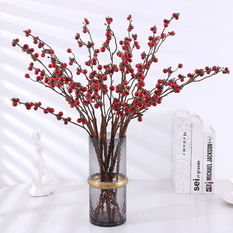 Wedding Christmas Living Room and Hotel Decoration Imitation Single Stem Real Plant Multi-Head Berry Foam Chinese Hawthorn Artificial Flower Summer Fruit