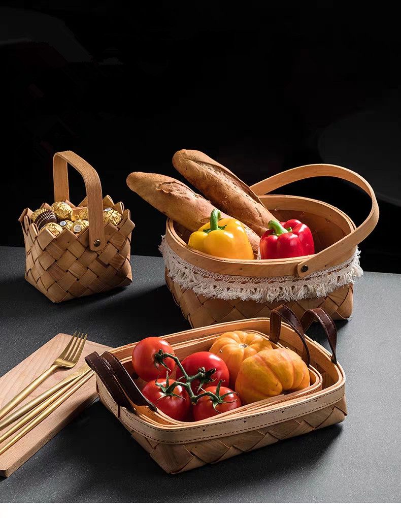 Woven Wood Piece Portable Basket Weaved Storage Basket Fruit Basket Bread Basket Wedding Flower Basket