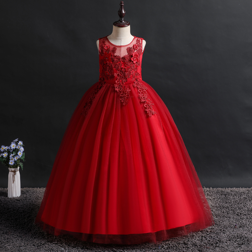 Girls long dress stage catwalk show dress Chinese children net pompous dress wedding flower child wedding dress