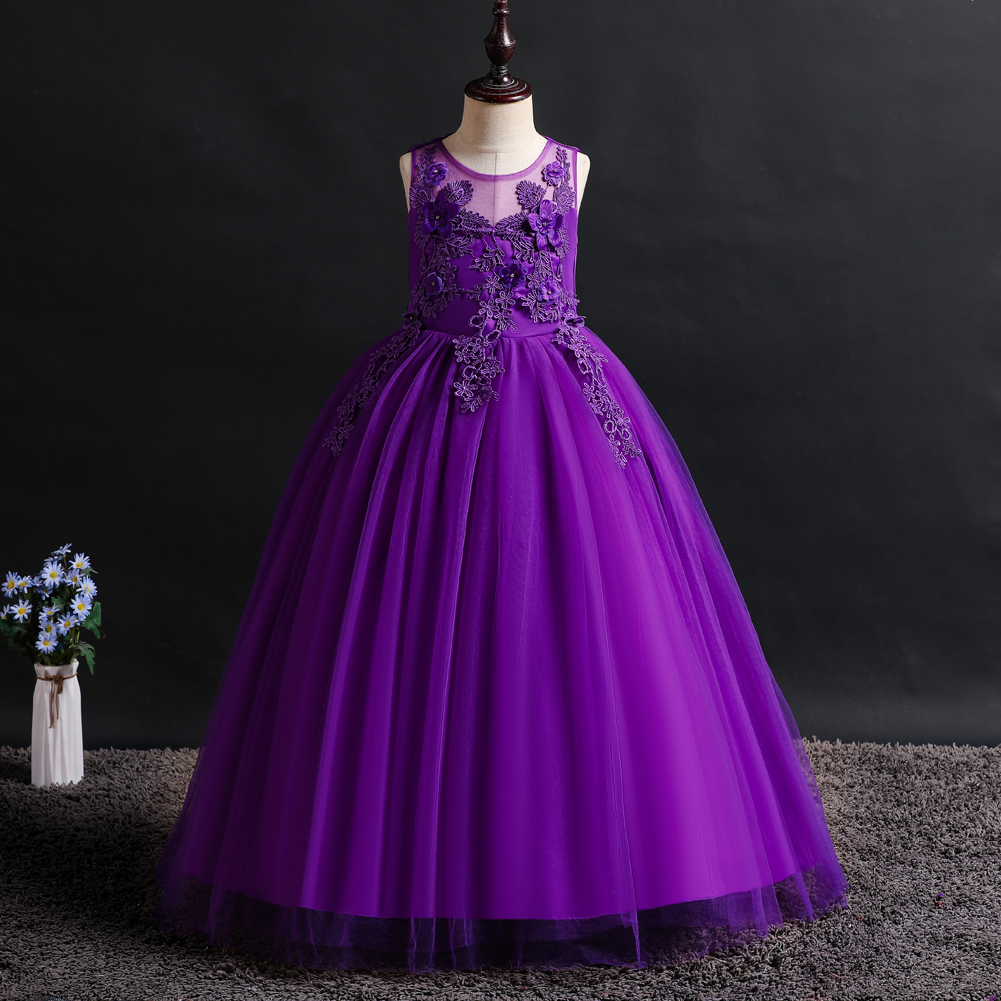 Girls long dress stage catwalk show dress Chinese children net pompous dress wedding flower child wedding dress