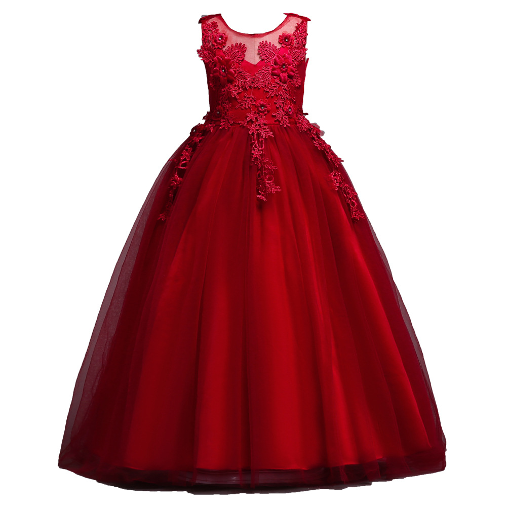 Girls long dress stage catwalk show dress Chinese children net pompous dress wedding flower child wedding dress
