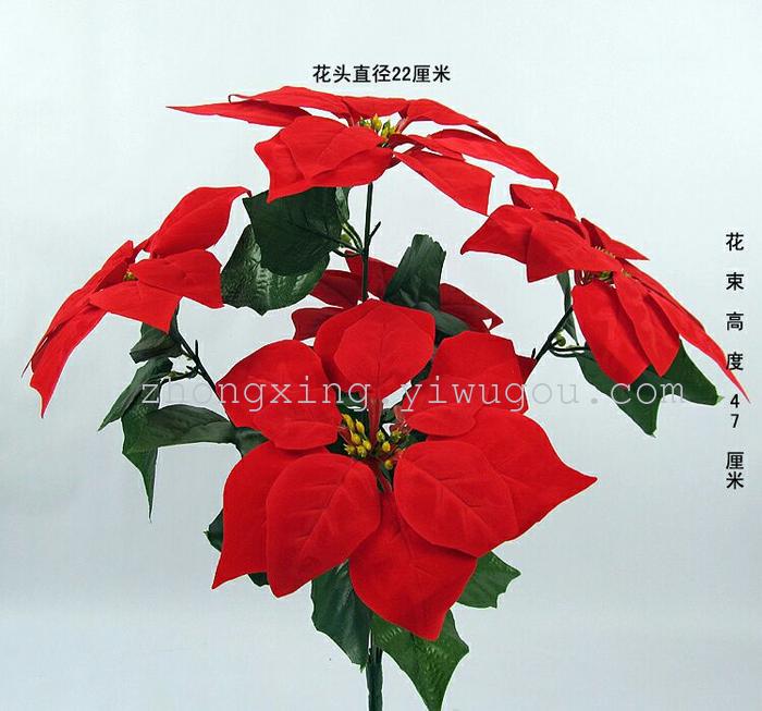 The 5 head Poinsettia flower simulation Christmas goods Red Christmas flower decoration engineering Hotel