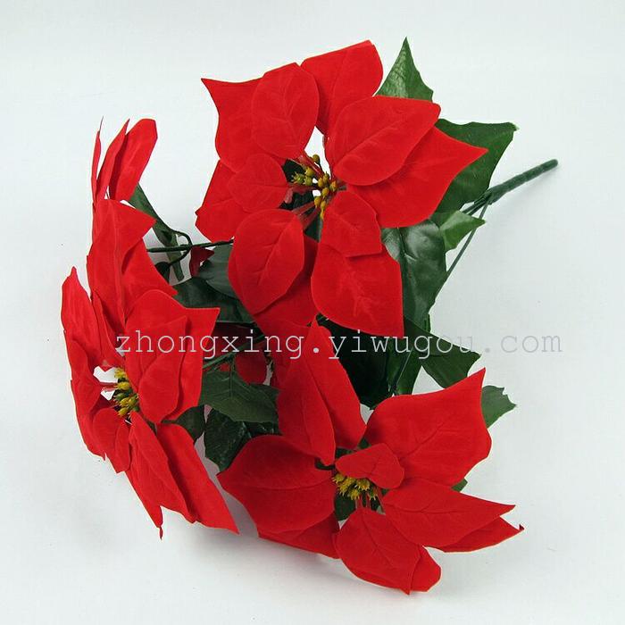 The 5 head Poinsettia flower simulation Christmas goods Red Christmas flower decoration engineering Hotel