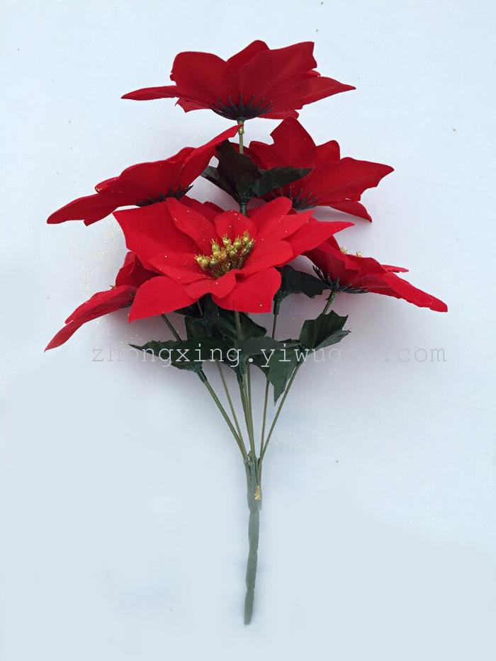 The 5 head Poinsettia flower simulation Christmas goods Red Christmas flower decoration engineering Hotel