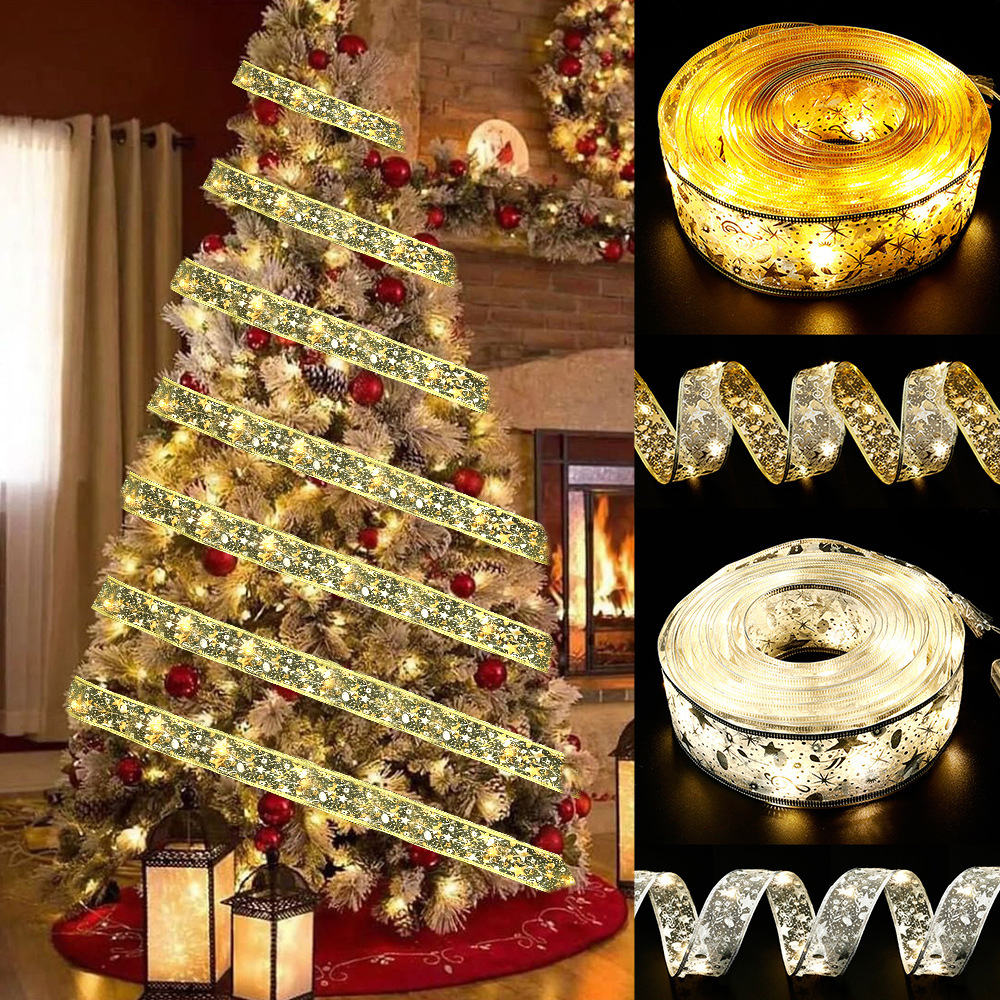 Cross-Border Christmas LED Light Gilding Double-Layer Ribbon Lighting Chain Christmas Decorations Christmas Tree Decoration Pendant Gift