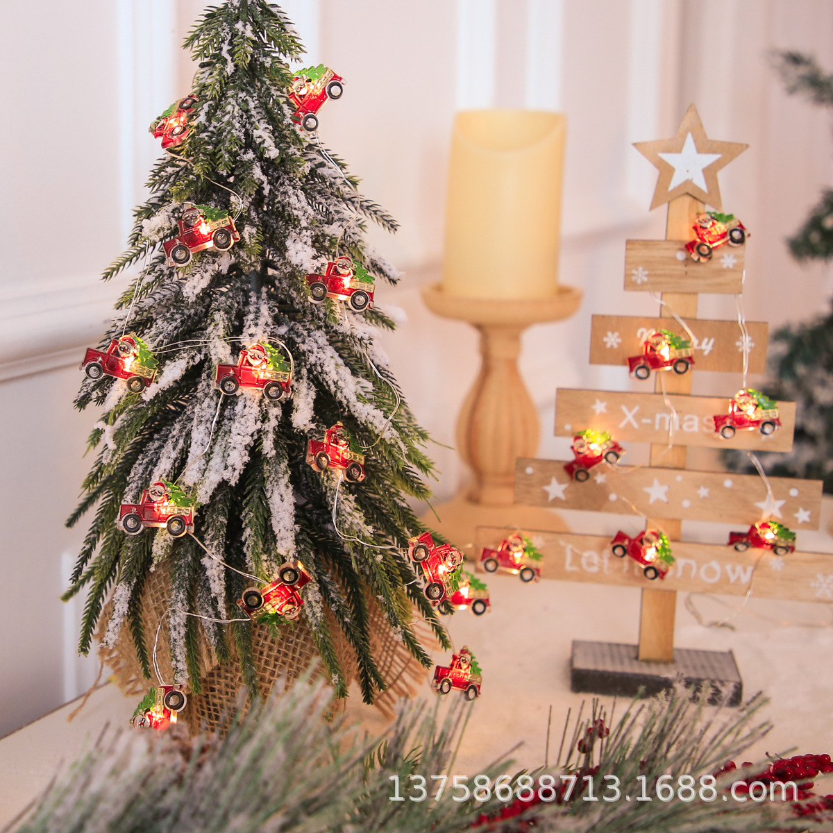 Christmas Deer Snowman Five-Pointed Star Snowflake Small Crutches Christmas Tree Small Gift Box Happy Car Fasteners Copper Wire Lights Colored Lights