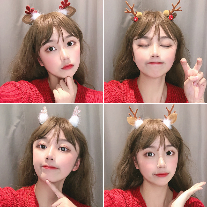 Christmas Barrettes New Plush Christmas Flocking Elk Horn Hairpin Hair Ornaments Children&#039;s Festival Dress up Headwear Wholesale