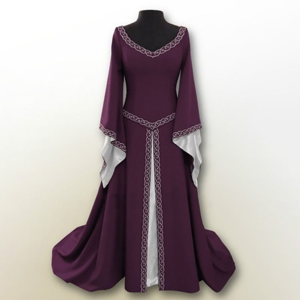 2019 European and American Retro Halloween Christmas Party Long Sleeve Embroidered Crew Neck Slim Women&#039;s Dress