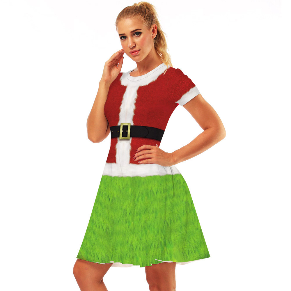 Cross-Border Hot Christmas Digital Printed Dress Short Sleeve round Neck Pleated Skirt Temperament Waist-Controlled Large Swing Skirt for Women
