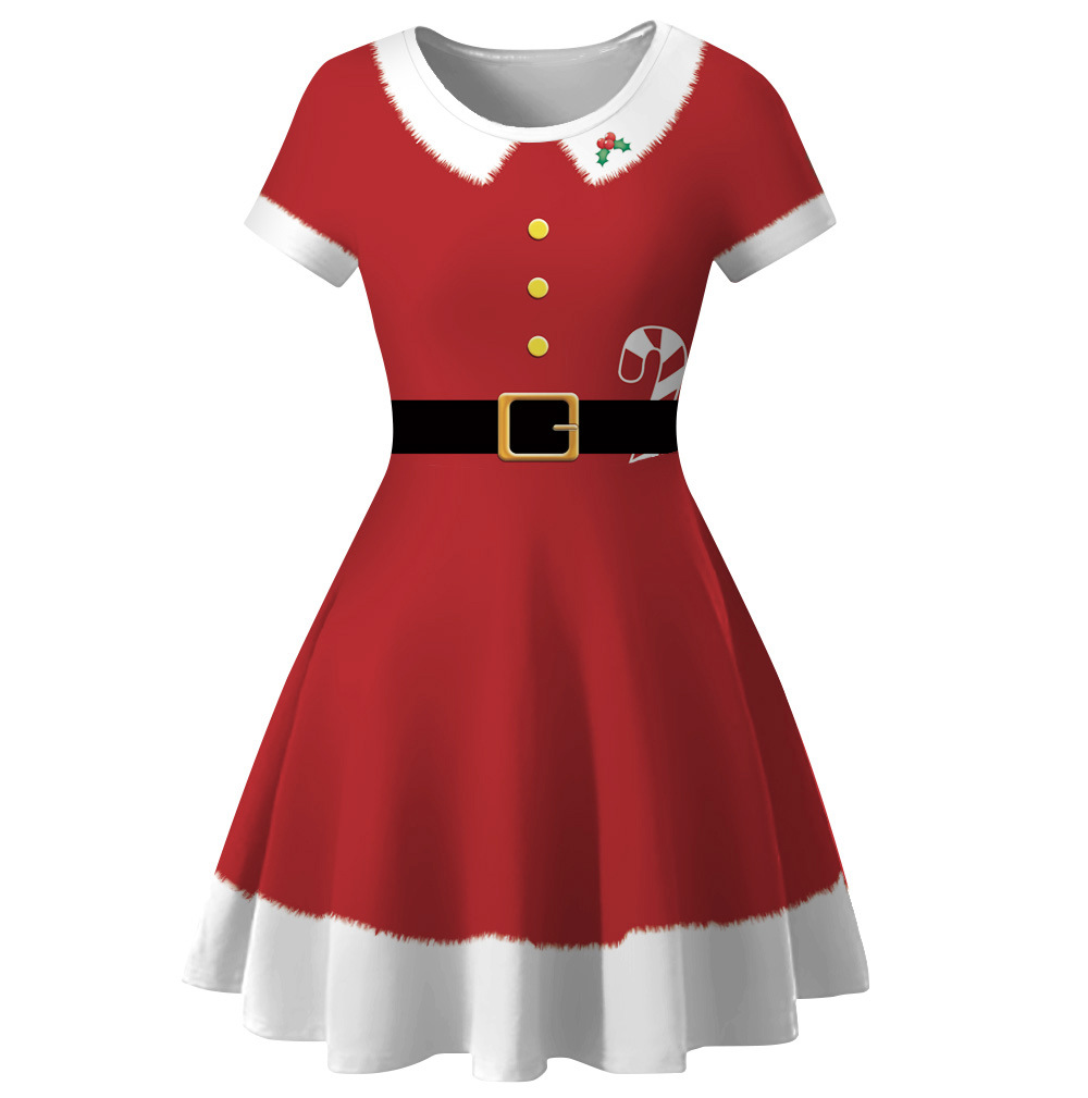 Cross-Border Hot Christmas Digital Printed Dress Short Sleeve round Neck Pleated Skirt Temperament Waist-Controlled Large Swing Skirt for Women