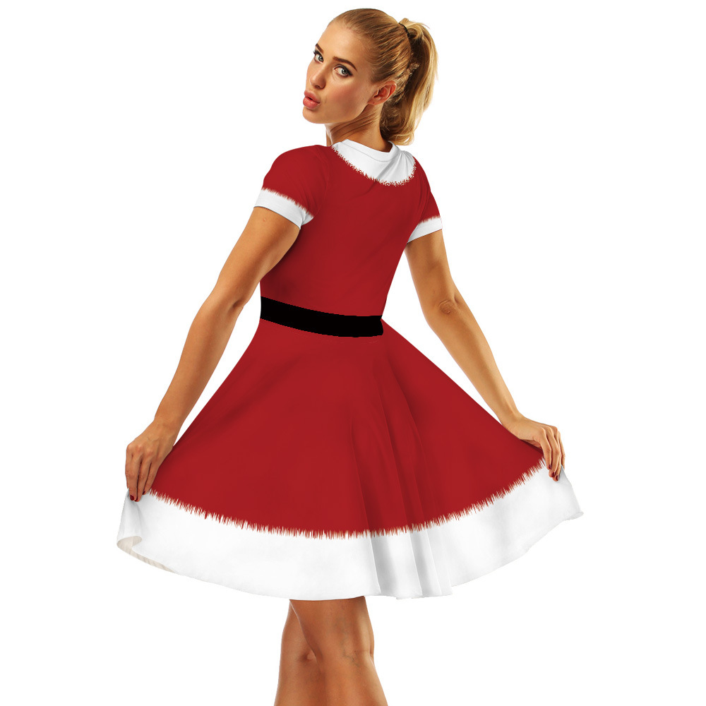 Cross-Border Hot Christmas Digital Printed Dress Short Sleeve round Neck Pleated Skirt Temperament Waist-Controlled Large Swing Skirt for Women