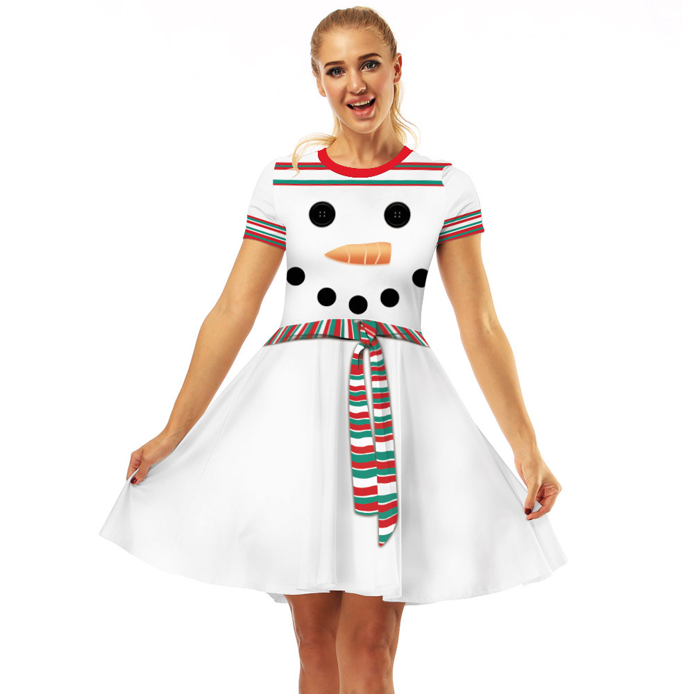 Cross-Border Hot Christmas Digital Printed Dress Short Sleeve round Neck Pleated Skirt Temperament Waist-Controlled Large Swing Skirt for Women