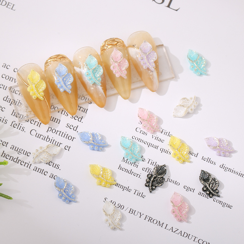 Best-Selling Nail Beauty Rose Chinese Style Cute Trumpet Gold Plated Colored, Small-Sized Mini Resin Leaves Fingernail Decoration