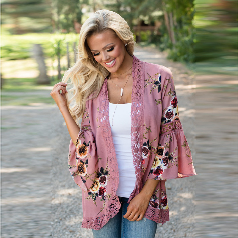 Aliexpress ebay Hot Style 9 color 6 Size SpringSummer Cardigan Lace Mosaic Jacket Trumpet sleeve 0542