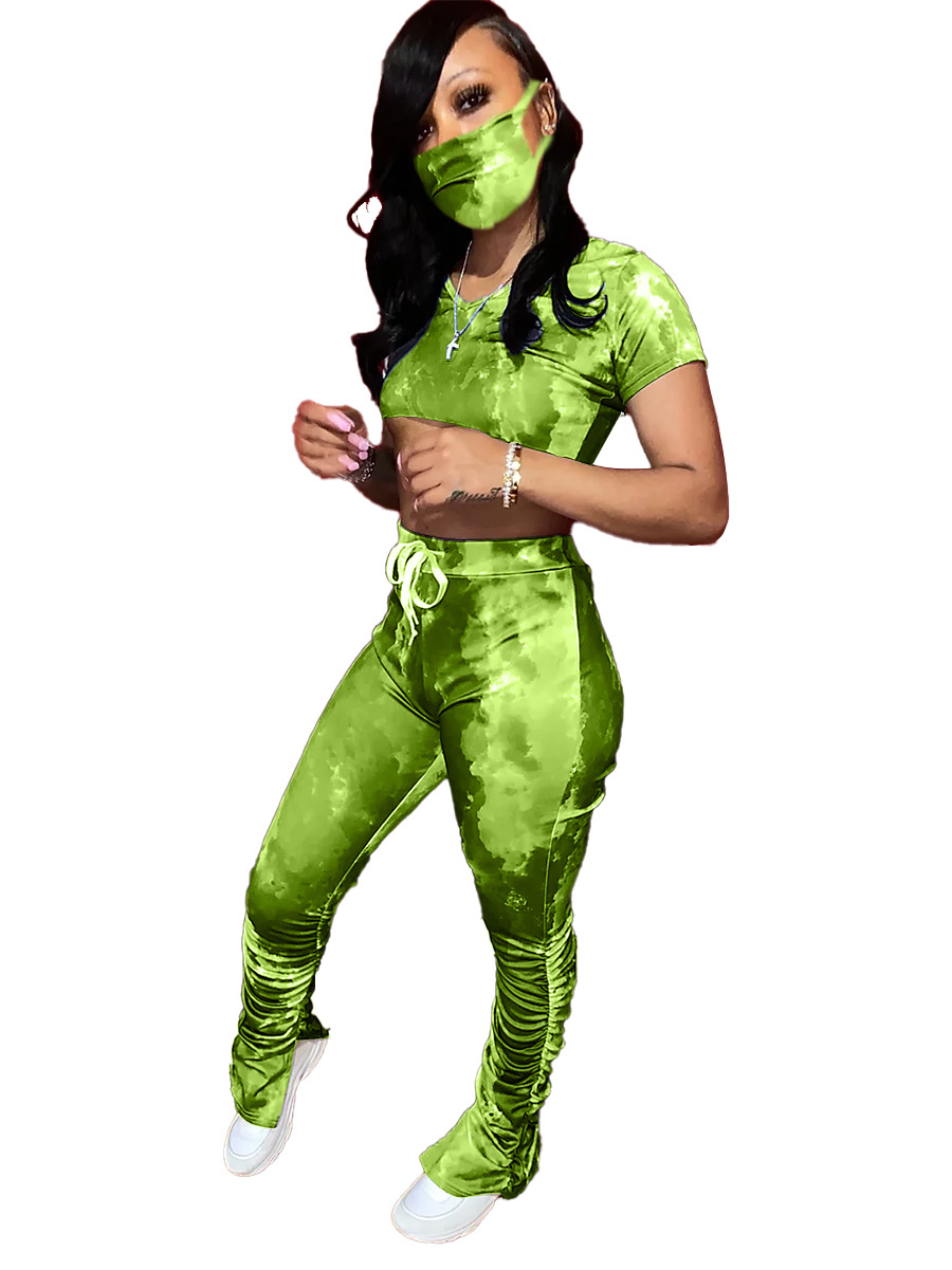 A3193 New European and American women&#039;s tie-dye fashion pleated slit Micro trumpet sports suit (including mask)