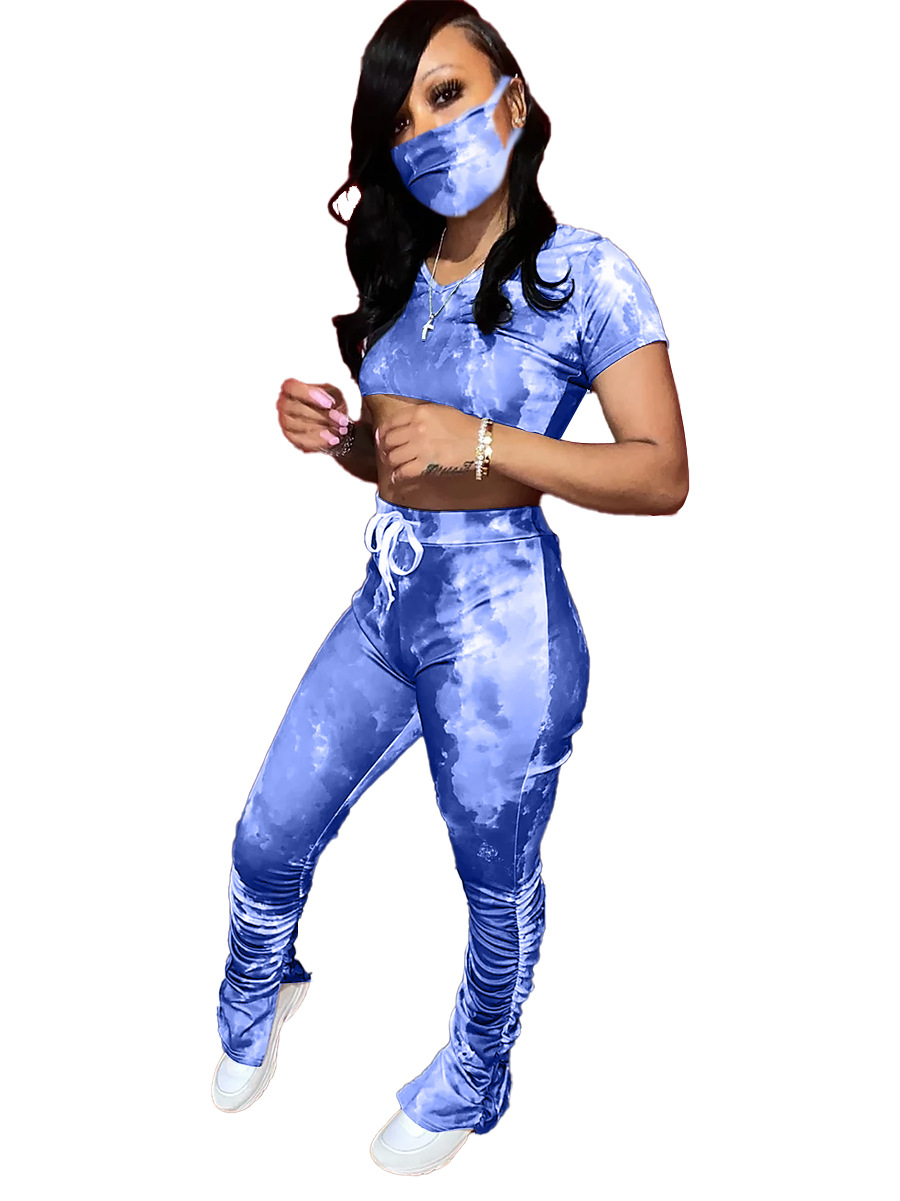 A3193 New European and American women's tie-dye fashion pleated slit Micro trumpet sports suit (including mask)