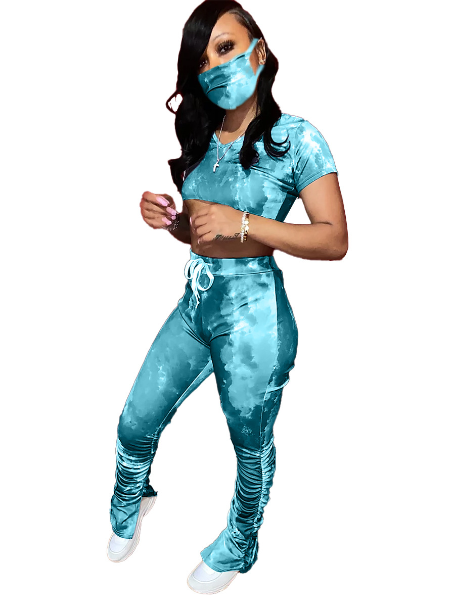 A3193 New European and American women's tie-dye fashion pleated slit Micro trumpet sports suit (including mask)