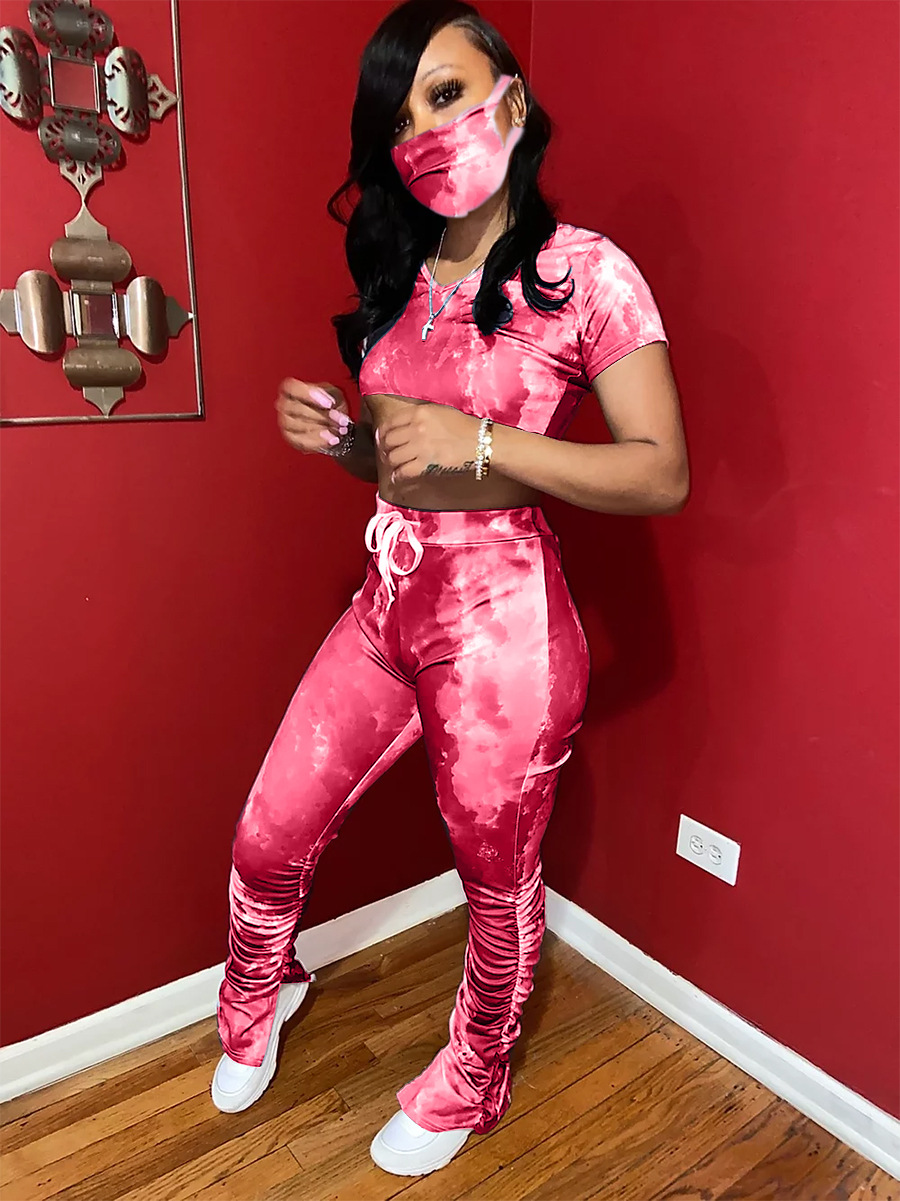 A3193 New European and American women's tie-dye fashion pleated slit Micro trumpet sports suit (including mask)