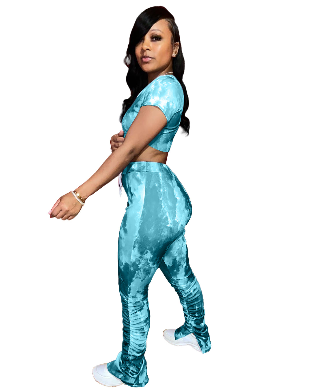 A3193 New European and American women's tie-dye fashion pleated slit Micro trumpet sports suit (including mask)