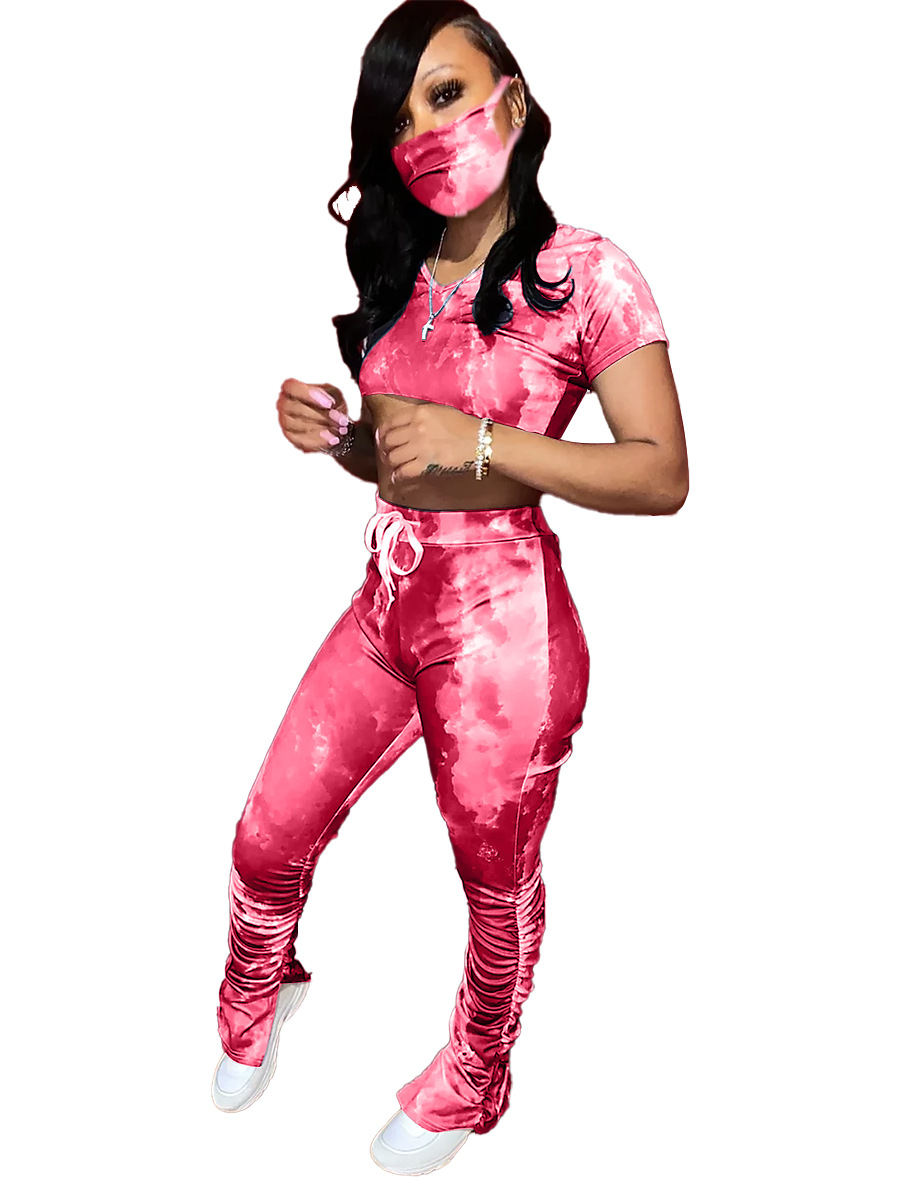 A3193 New European and American women's tie-dye fashion pleated slit Micro trumpet sports suit (including mask)