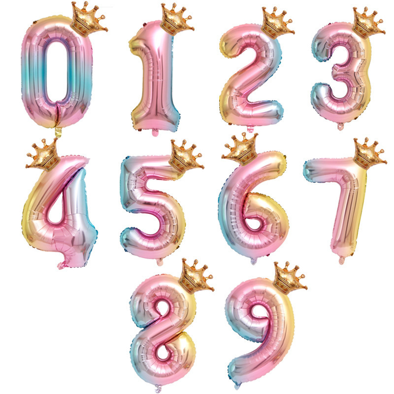 Gradient Color Crown Digital Balloon Children&#039;s Birthday Decoration Balloon Digital Crown Aluminum Film Balloon