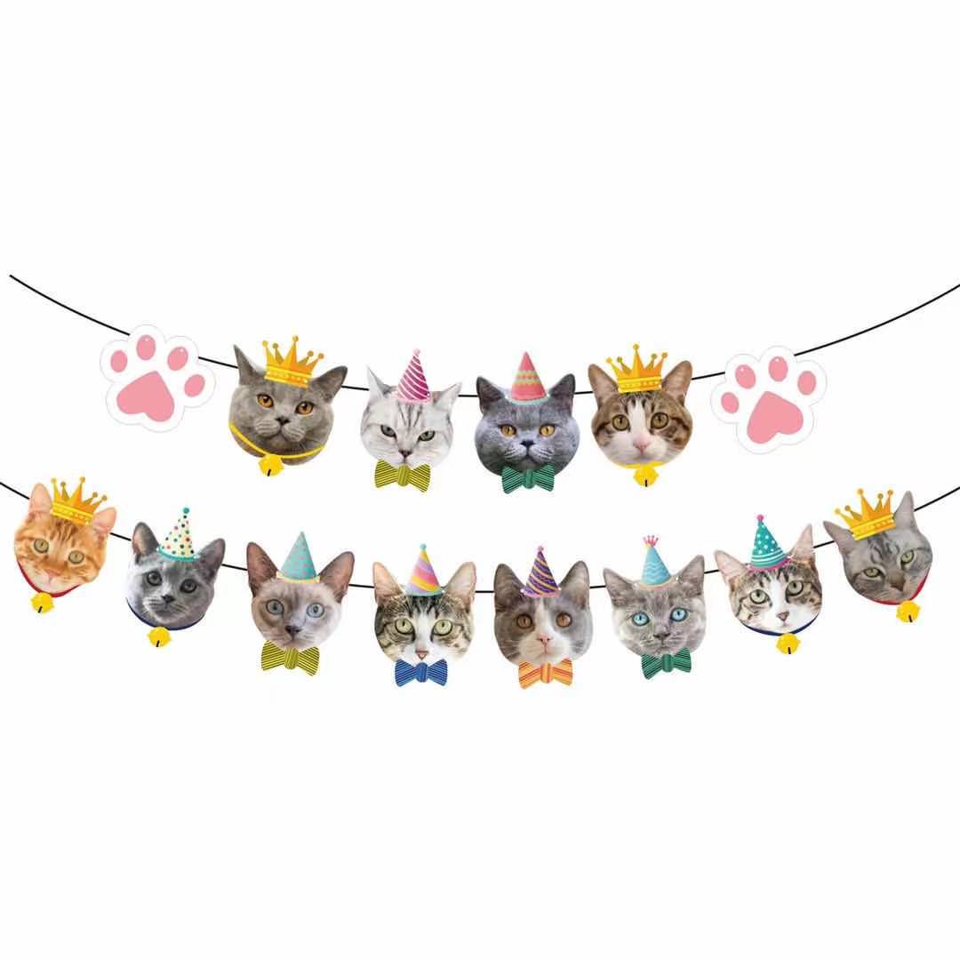 Pet Birthday Party Cat Hanging Flag Decoration Rubber Balloons Birthday Cake Insert New Crown Bow Set