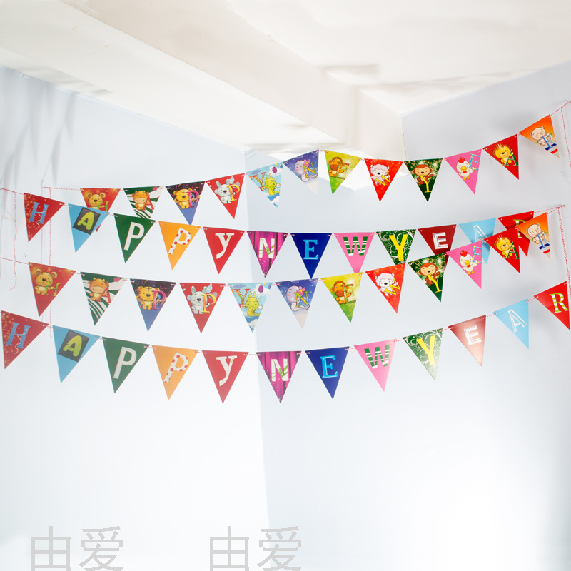 Happy New Year Triangle Flag Zodiac Festival Layout Colorful Triangle Colorful Flags Birthday Pulling Banner