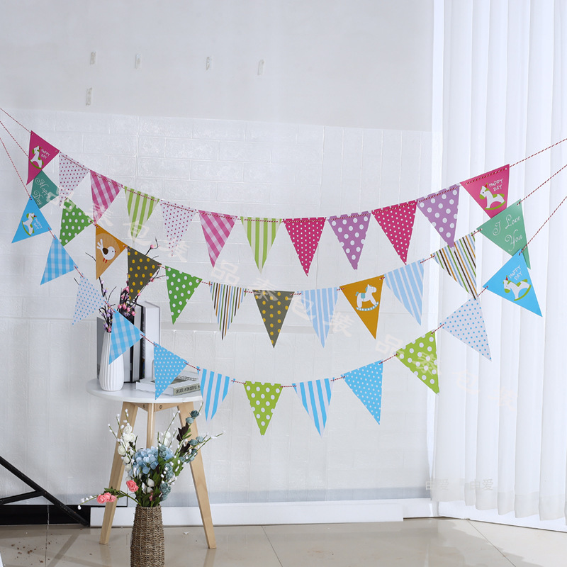 Baby Birthday Party Kindergarten Decoration Banner Latte Art Colorful Triangle Hanging Flag Customizable