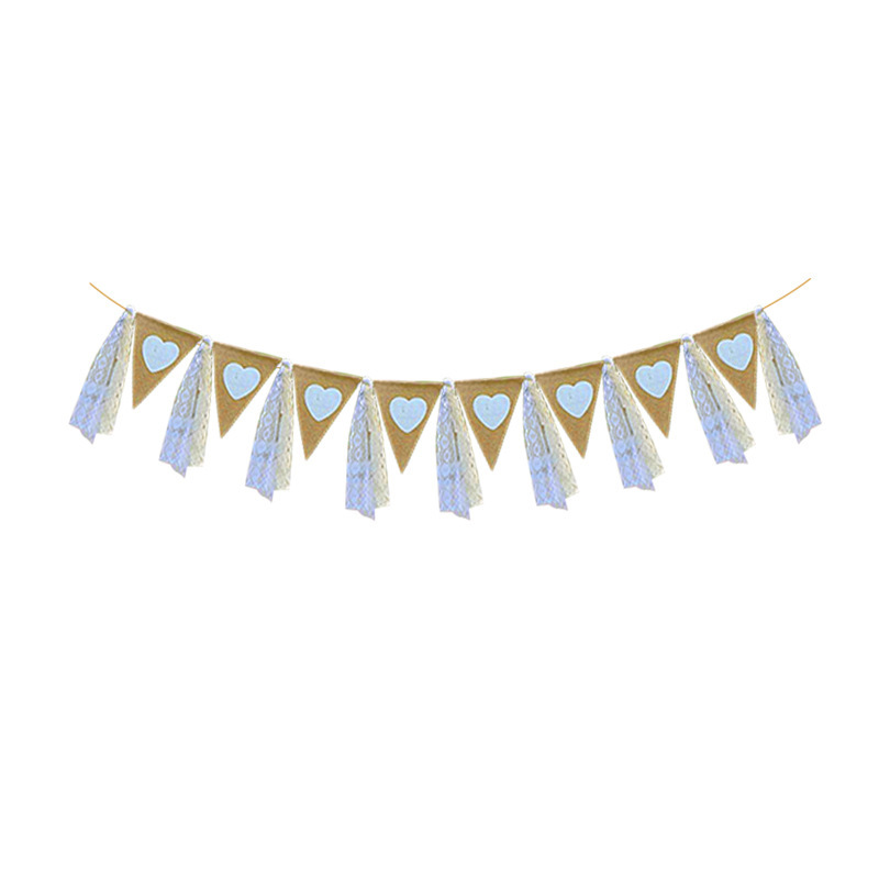 Marriage Engagement Party Decoration Garland Red Ribbon White Lace Love Heart Garland Linen Triangle Hanging Flag