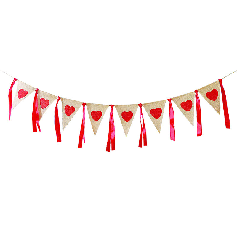 Marriage Engagement Party Decoration Garland Red Ribbon White Lace Love Heart Garland Linen Triangle Hanging Flag