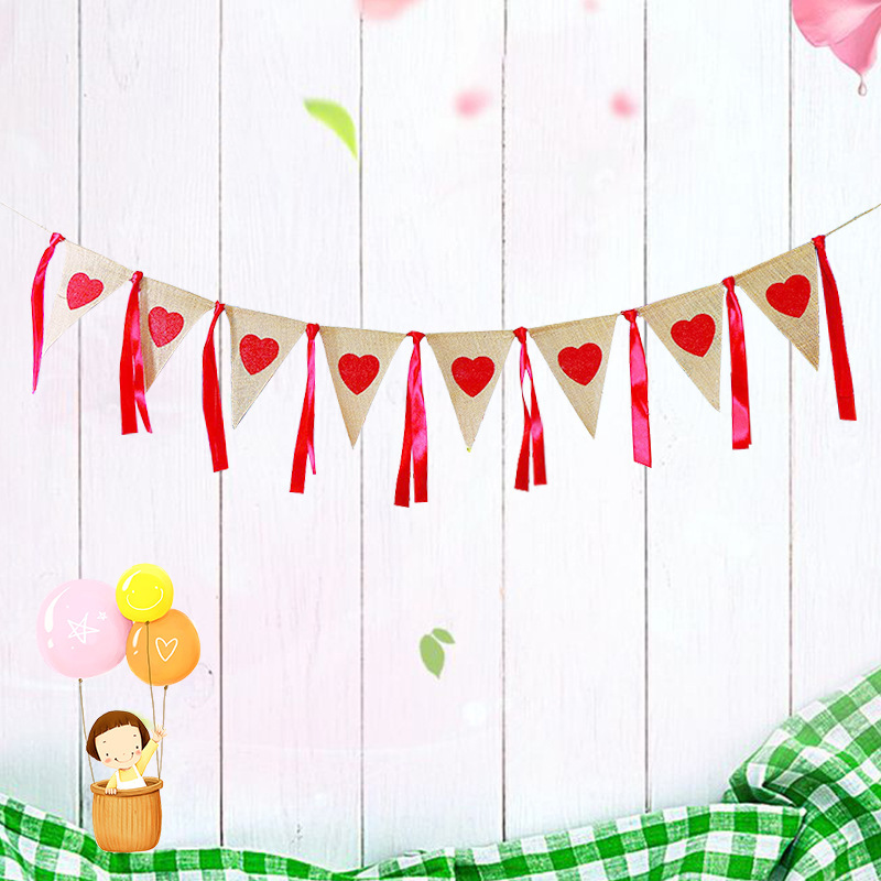 Marriage Engagement Party Decoration Garland Red Ribbon White Lace Love Heart Garland Linen Triangle Hanging Flag