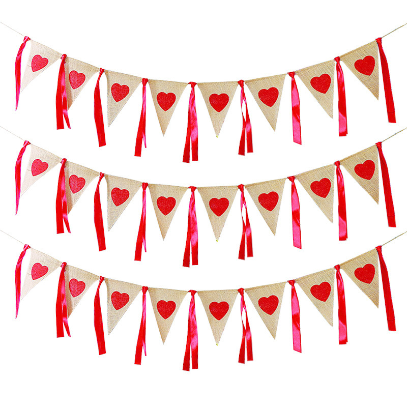 Marriage Engagement Party Decoration Garland Red Ribbon White Lace Love Heart Garland Linen Triangle Hanging Flag