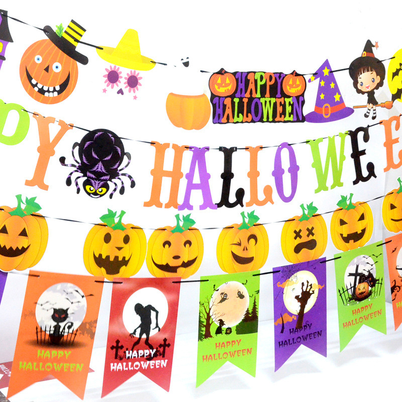 Halloween Party Decorations Halloween Triangle Hanging Flag Bat Skull Pumpkin Paper Latte Art Halloween Hanging Flag