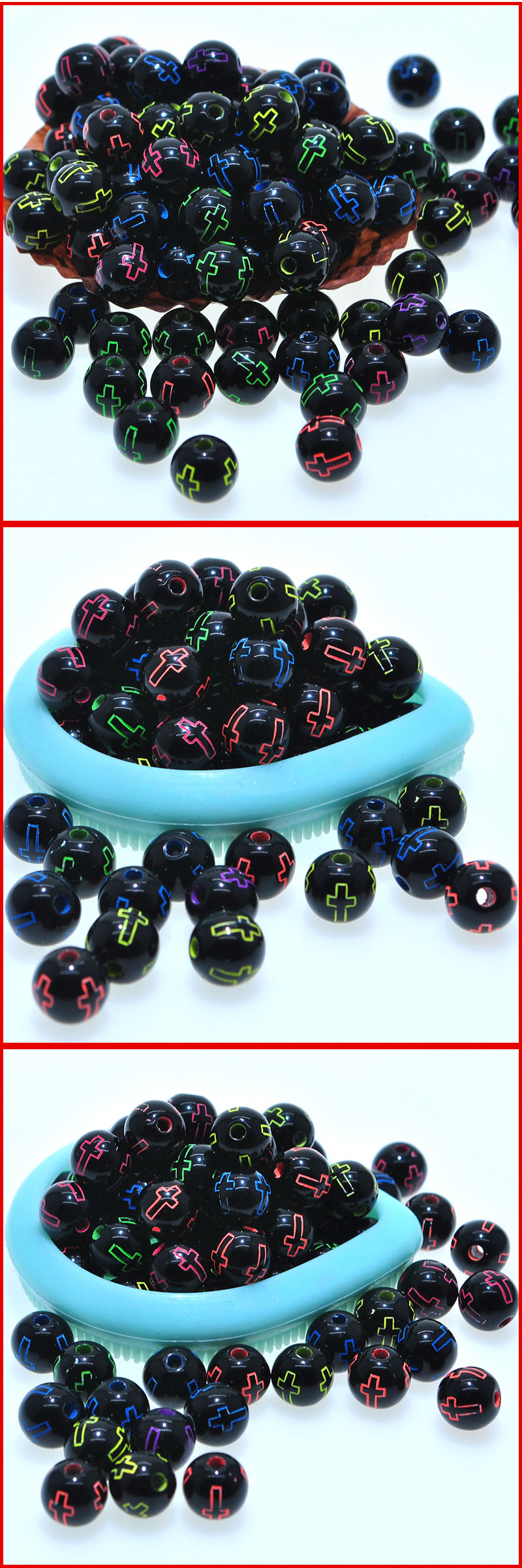 Kandi Scattered Beads 8cm round Black Background Fluorescent Cross Acrylic Letter Bead Children DIY Bracelet Wrist Ring Beaded