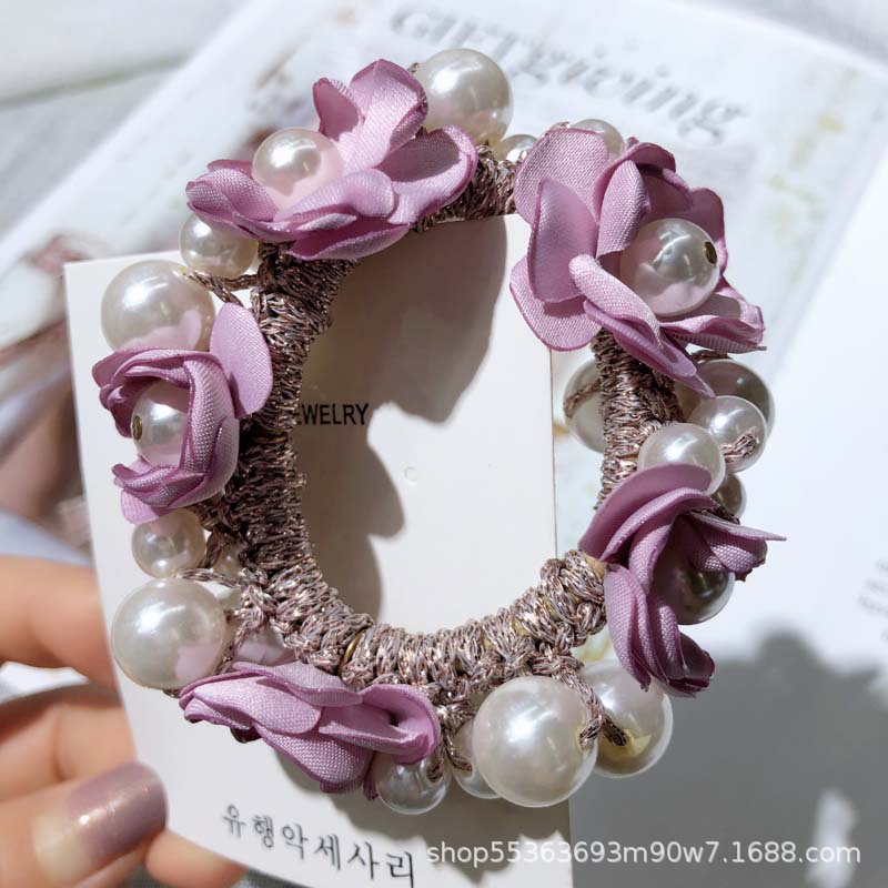 Super Fairy Flowers Hair Band Korean Style Internet Celebrity Ins Elegant Headdress Hair Rope Korean Hand-Woven Pearl Hair Elastic Hair Accessories