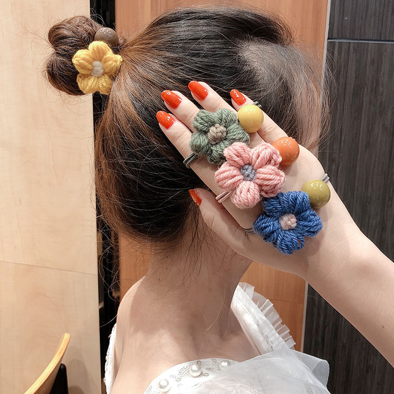 New Autumn and Winter Hair Band Korean Hair Accessories Wool Flowers Rubber Band Set Simple Hair Ring Head Rope Korean Style Headdress Flower
