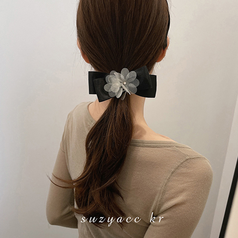 Korean Elegant Lady Net Yarn Flowers Satin Bowknot Hair Ring Niche Exquisite Tie-up Hair Head Rope Headdress Women