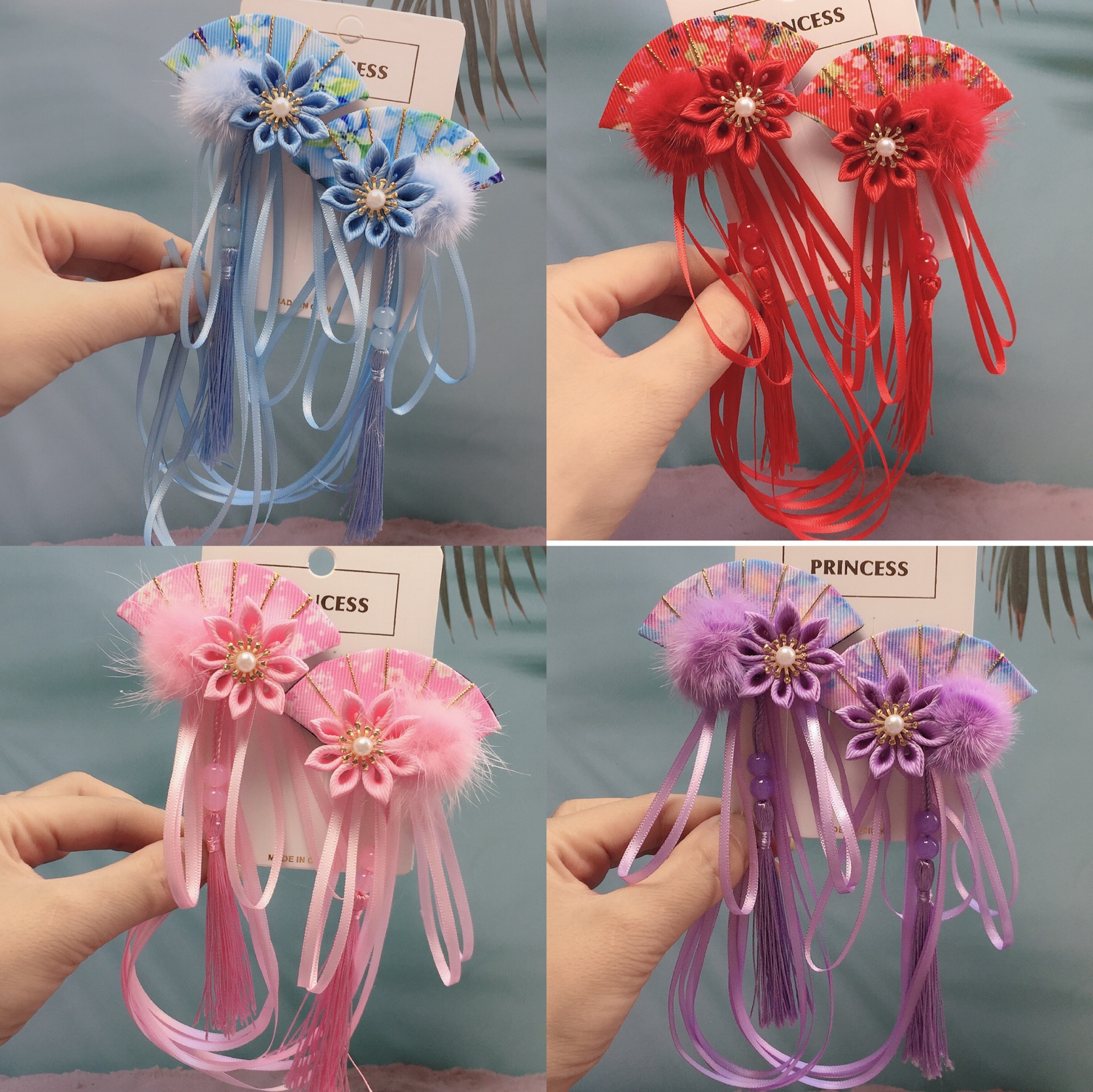 New Winter Models Japanese Style Fan Flowers Ribbon Tassel Hairpin Children&#039;s Han Chinese Costume Hair Costume Headdress Girl Edge Clamp