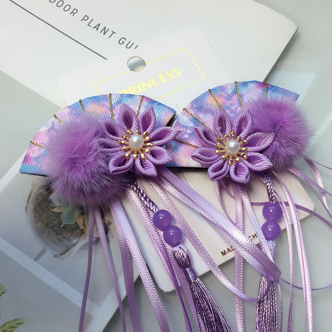 New Winter Models Japanese Style Fan Flowers Ribbon Tassel Hairpin Children&#039;s Han Chinese Costume Hair Costume Headdress Girl Edge Clamp