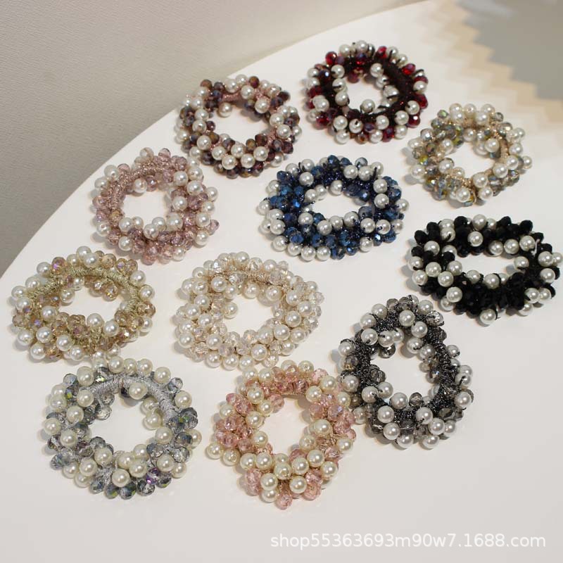 Korean Mori Style Crystal Pearl Hair Ring Hair Rope Hair Accessories Cute Girl Beaded Head Flowers Hair Rope Woven Rubber Band Headdress