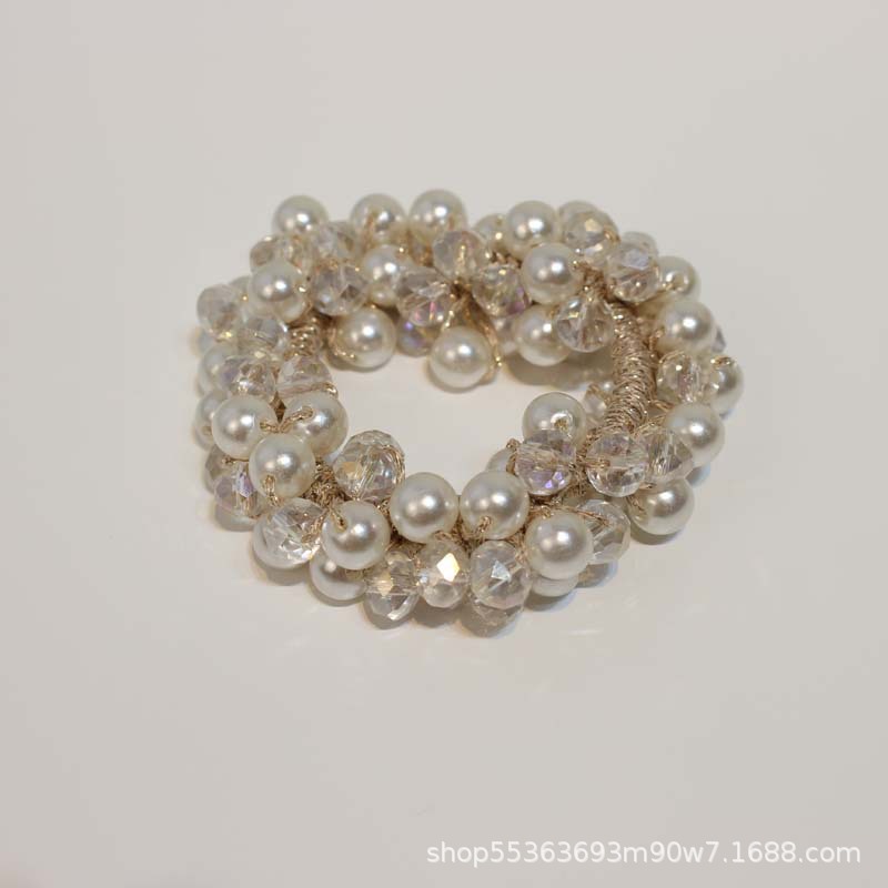 Korean Mori Style Crystal Pearl Hair Ring Hair Rope Hair Accessories Cute Girl Beaded Head Flowers Hair Rope Woven Rubber Band Headdress