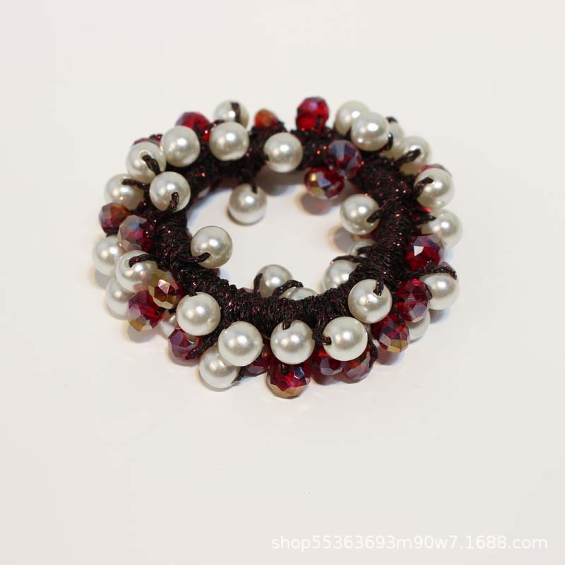Korean Mori Style Crystal Pearl Hair Ring Hair Rope Hair Accessories Cute Girl Beaded Head Flowers Hair Rope Woven Rubber Band Headdress