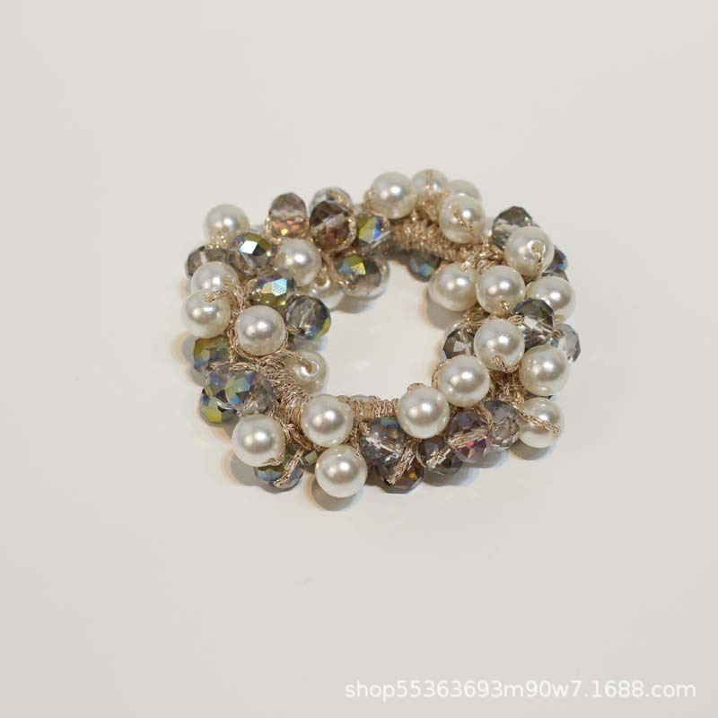 Korean Mori Style Crystal Pearl Hair Ring Hair Rope Hair Accessories Cute Girl Beaded Head Flowers Hair Rope Woven Rubber Band Headdress