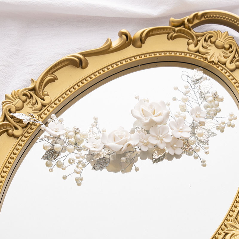 European and American Bride Headdress Flowers Wedding Hair Accessories Vine Silver Pearl Headband Bridal Hair Accessories for Women