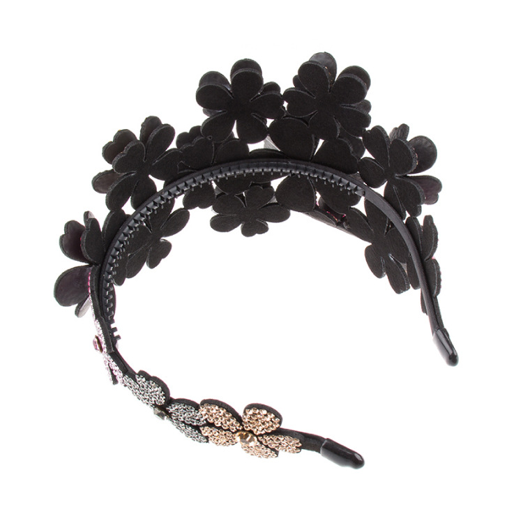 Headband Women's Three-Dimensional Flower Wide-Edge Rhinestone Large Headband High-End Rhinestone-Encrusted Color Non-Slip Hairpin Mori Style Hundred Flowers Headdress