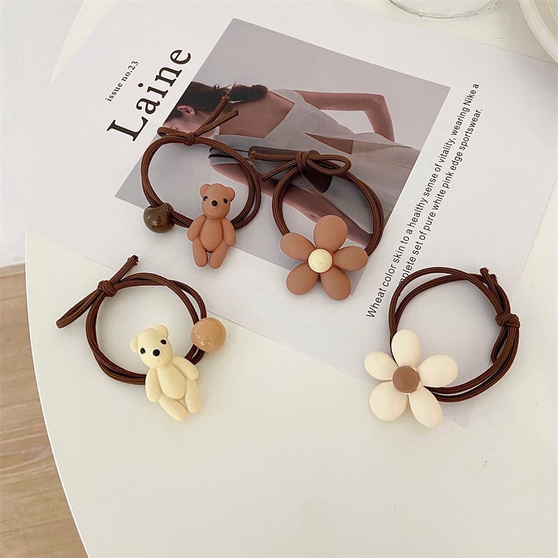 New Milk Coffee Color Series Hair Band Korean Style Simple Bear Cute Flowers High Elastic Rubber Band Sweet Fresh Headdress