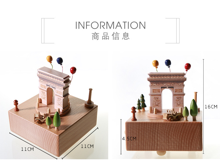 Direct Selling Cross-Border Spot European Beech Arc De Triomphe Building Model Music Box Music Box Wooden Small Hand Crafts