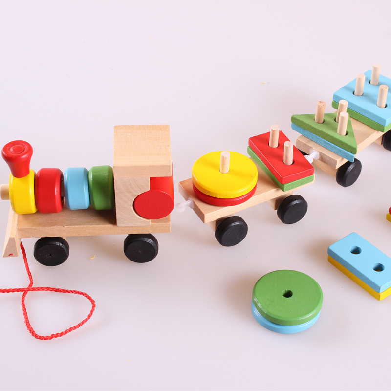 Wooden Train Three-Section Shape Matching Trailer Toy Children&#039;s Early Childhood Education Intelligence Montessori Teaching Aids Building Blocks